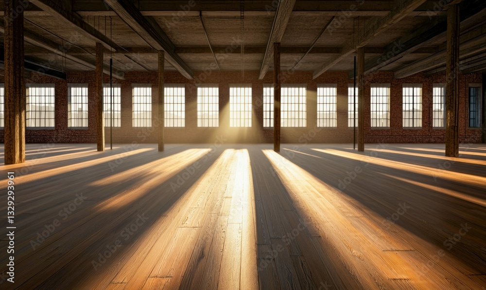 Sunlight shines through warehouse windows, creating long shadows on the hardwood floor. Sunlight shines through warehouse windows, creating long shadows on the hardwood floor.