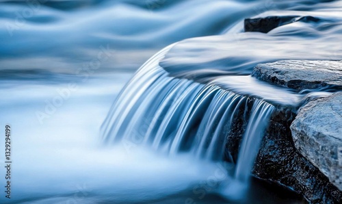 A gentle waterfall cascading over rocks showcases the tranquil beauty of nature with its long exposure.