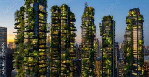 City skyline featuring vertical gardens on skyscrapers deep green and golden sunset tones symbolizing urban sustainability photo