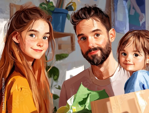 Empowering Tomorrow A heartwarming image of a young girl leading her family in the crucial practice of recycling at home Witness the joy of waste separation and learn how to instill environmental