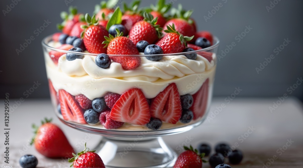 Creamy layered trifle with whipped cream, white custard, fresh strawberries, blueberries, raspberries, glass bowl, leafy greens on top, soft diffused lighting, gray neutral background, close-up, refre Creamy layered trifle with whipped cream, white custard, fresh strawberries, blueberries, raspberries, glass bowl, leafy greens on top, soft diffused lighting, gray neutral background, close-up, refre