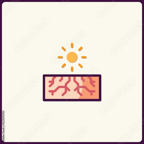 Stylized desertification icon with sun and cracked earth illustration