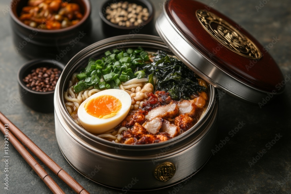 A steaming bowl of Japanese ramen with sliced pork, a soft-boiled egg, seaweed, and scallions, surrounded by chopsticks and condiments A steaming bowl of Japanese ramen with sliced pork, a soft-boiled egg, seaweed, and scallions, surrounded by chopsticks and condiments