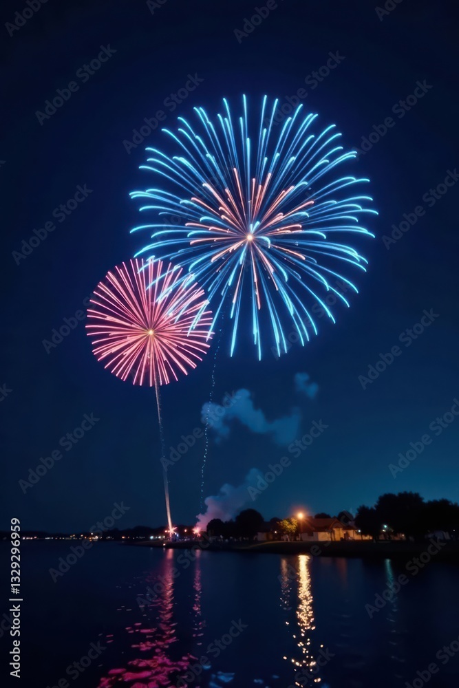 Dark blue night sky, vibrant blue fireworks bursting, ample copy space , blue, party, pyrotechnics