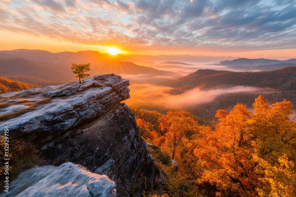 Obraz premium A sunrise view from a mountain summit, with layers of misty ridges stretching into the distance
