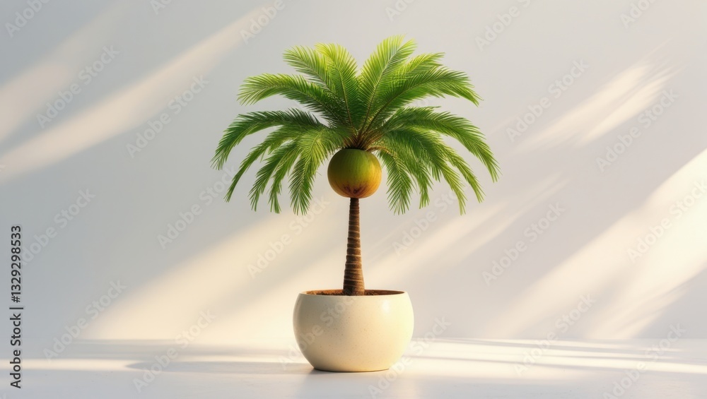 Small Lush Coconut Tree with Slender Trunk in White Ceramic Pot on White Surface with Shadow Minimalist Studio Setting Small Lush Coconut Tree with Slender Trunk in White Ceramic Pot on White Surface with Shadow Minimalist Studio Setting