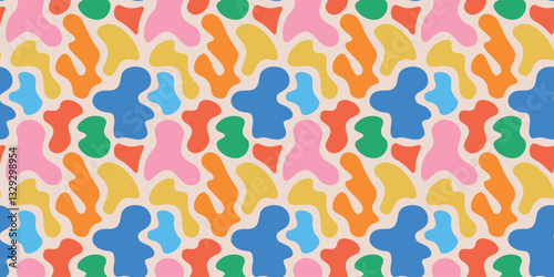 Seamless abstract pattern with organic fluid shapes in blue pink orange yellow green on beige background modern vector design for textile wallpaper wrapping paper digital contemporary art