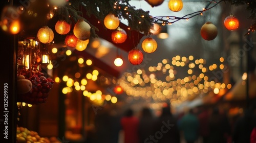 Beautiful Market Scene with Soft Lights and Colorful Orbs Creating a Warm Atmosphere for Visitors and Shoppers in a Winter Wonderland.