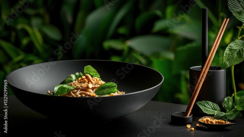 Indulge in a symphony of flavors with our captivating image of Crispy peanut-topped noodles with stir-fried vegetables, plated with elegance This high-resolution photograph showcases the artistry of
