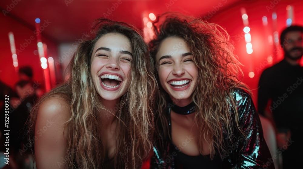 Amid a lively party scene, two friends share a moment of pure joy with big smiles, reflecting the happiness of friendship and the thrill of nightlife. Amid a lively party scene, two friends share a moment of pure joy with big smiles, reflecting the happiness of friendship and the thrill of nightlife.