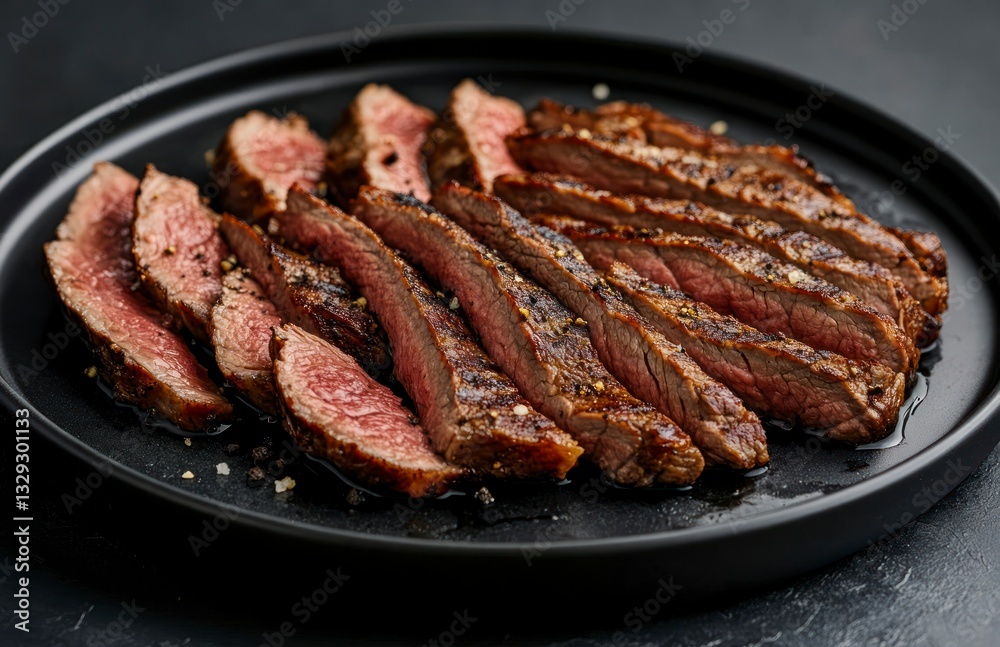 Sliced Cooked Beef Steak Served on Black Plate for Gourmet Dining
