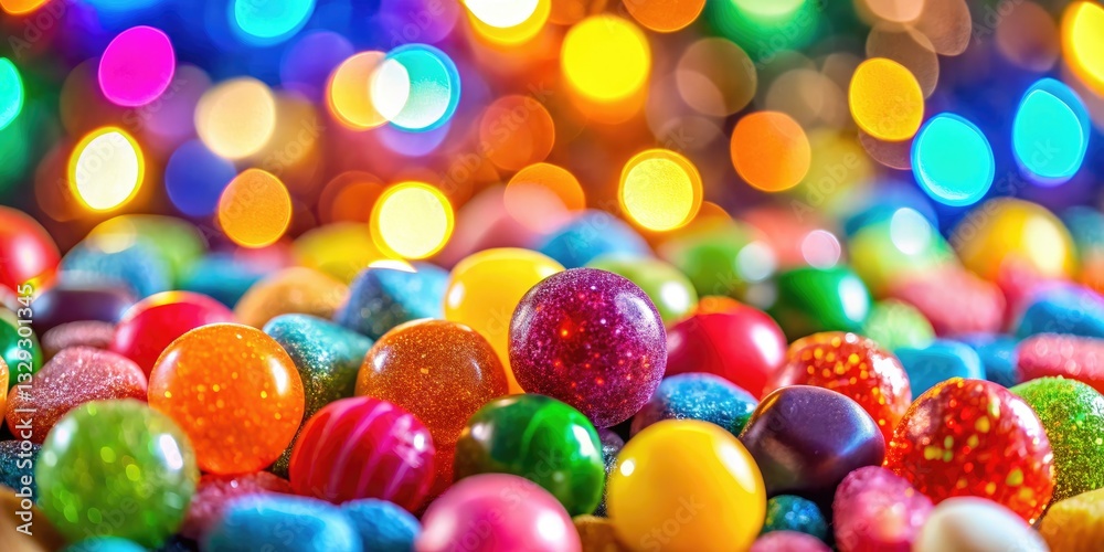 Fototapeta premium Macro shot of vibrant, colorful candies, bokeh background.