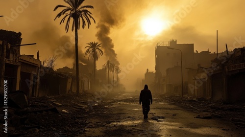 A solitary figure walks through a devastated city at sunset, amidst ruins and palm trees under a smoky sky.