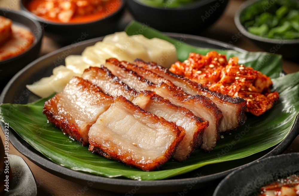 Korean Crispy Pork Belly with Kimchi and Accompaniments on Plate Korean Crispy Pork Belly with Kimchi and Accompaniments on Plate