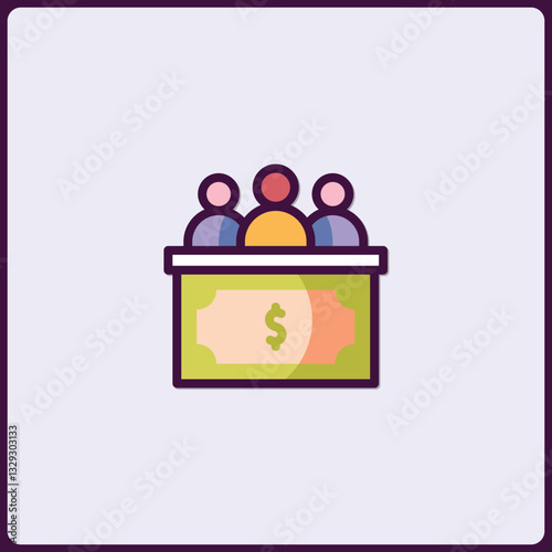 Crowdfunding concept, stylized icon showing people behind dollar box