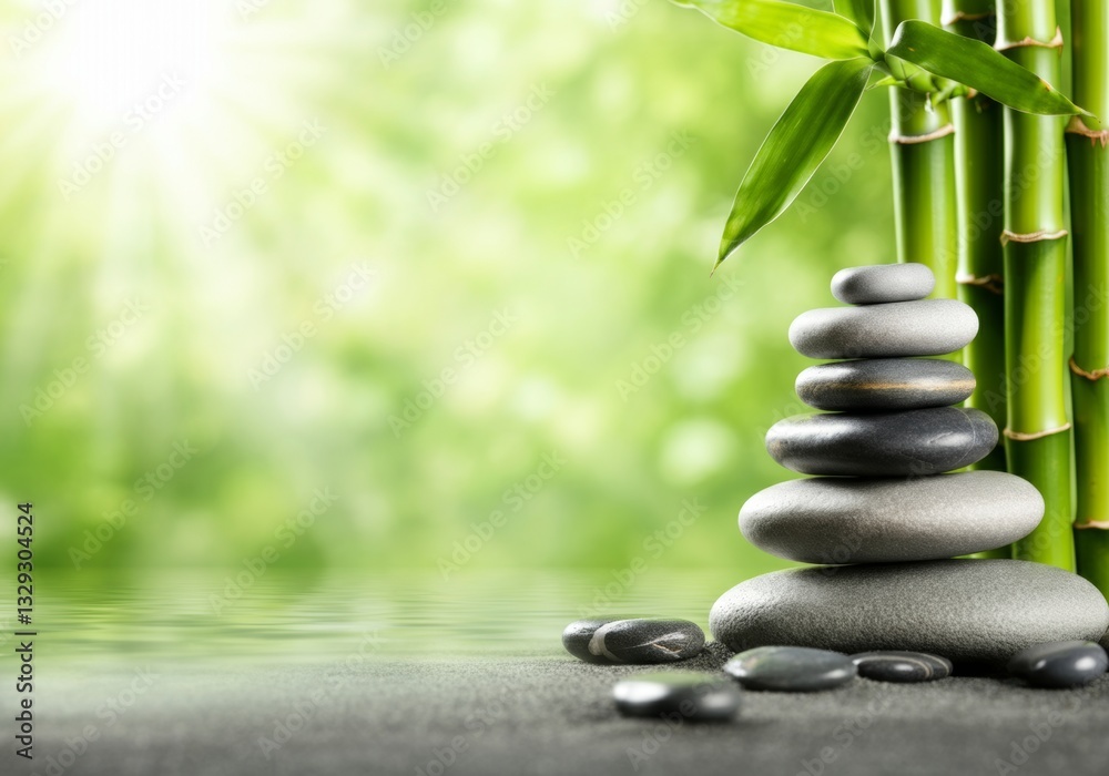 Obraz premium Zen garden with stacked stones and bamboo in serene natural setting