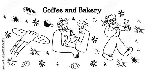 Cute and playful hand-drawn coffee shop icons in vector format. This set includes outline doodles of coffee drinks, bakery treats, café tools, and supplies—ideal for menu design, social media, and coz