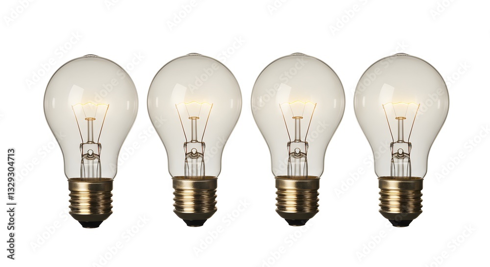 Four Lit Light Bulbs on White Background for Energy and Innovation Concepts Four Lit Light Bulbs on White Background for Energy and Innovation Concepts