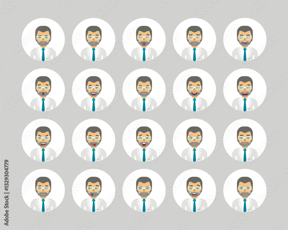Vector scientist man in lab coat avatars and emoticons set in flat style, front view. Vector scientist man in lab coat avatars and emoticons set in flat style, front view.