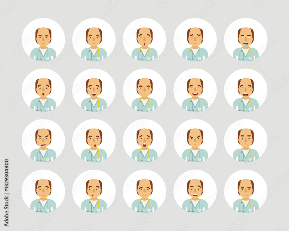 Vector adult man in doctor coat with stethoscope avatars and emoticons set in flat style, front view. Vector adult man in doctor coat with stethoscope avatars and emoticons set in flat style, front view.