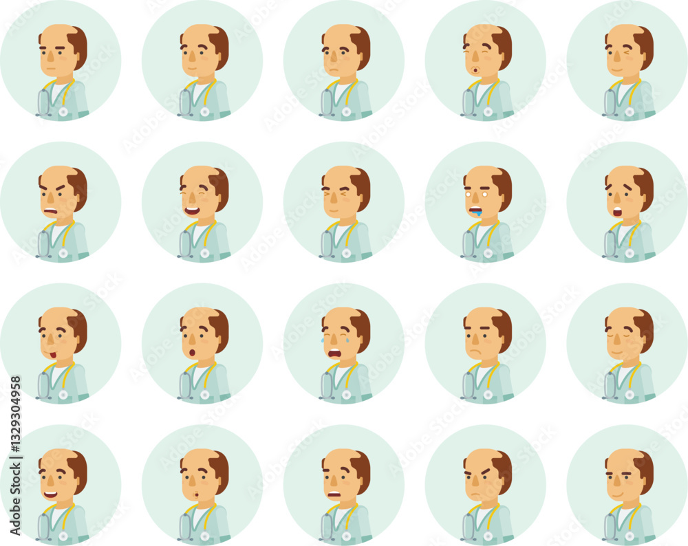 Vector adult man in doctor coat with stethoscope avatars and emoticons set in flat style, side view. Vector adult man in doctor coat with stethoscope avatars and emoticons set in flat style, side view.