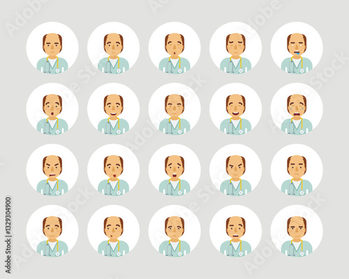 Vector adult man in doctor coat with stethoscope avatars and emoticons set in flat style, front view.