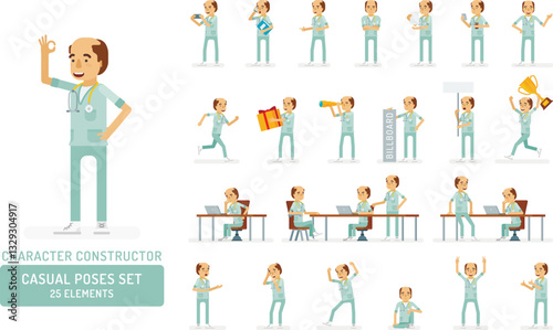 Vector adult man in doctor coat with stethoscope ready-to-use character casual poses set in flat style. Full length, gestures, emotions, front, side, back view.