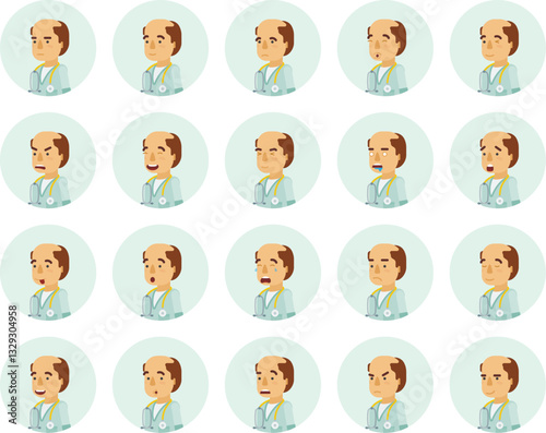 Vector adult man in doctor coat with stethoscope avatars and emoticons set in flat style, side view.