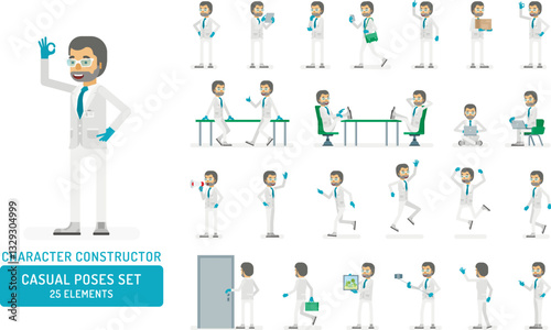 Vector scientist man in lab coat and gloves ready-to-use character casual poses set in flat style. Full length, gestures, emotions, front, side, back view.