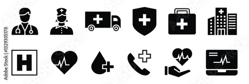 Health care and medical icon set. icons for hospital, health care, emergency, doctor, diagnosis, report, illness, ambulance and more. vector design.
