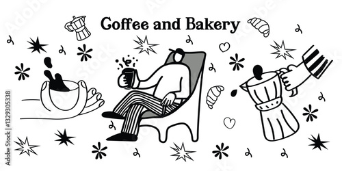 Cute and playful hand-drawn coffee shop icons in vector format. This set includes outline doodles of coffee drinks, bakery treats, café tools, and supplies—ideal for menu design, social media, and coz
