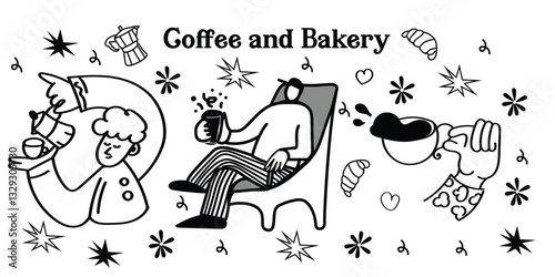 Cute and playful hand-drawn coffee shop icons in vector format. This set includes outline doodles of coffee drinks, bakery treats, café tools, and supplies—ideal for menu design, social media, and coz