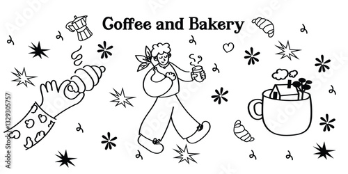 Cute and playful hand-drawn coffee shop icons in vector format. This set includes outline doodles of coffee drinks, bakery treats, café tools, and supplies—ideal for menu design, social media, and coz