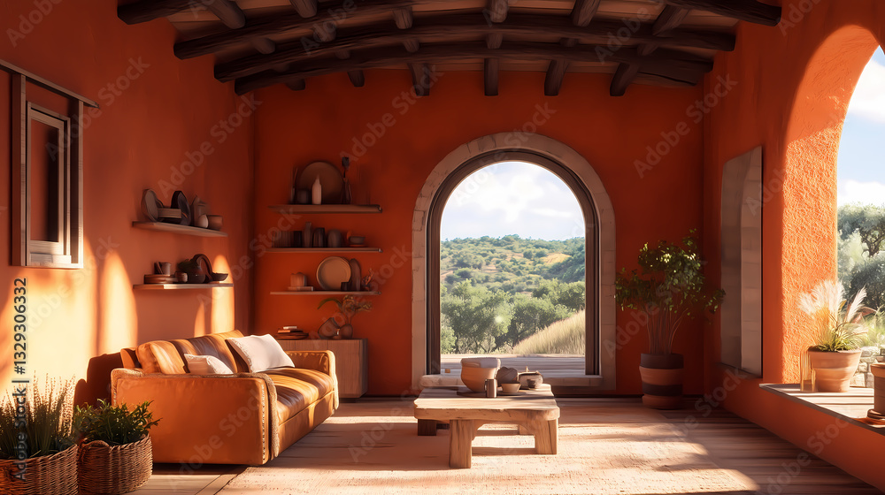 Fototapeta premium Stylish industrial cottagecore living room with warm terracotta and ochre accents. A rustic wooden coffee table, leather armchair, and a variety of plants bring a touch of nature indoors
