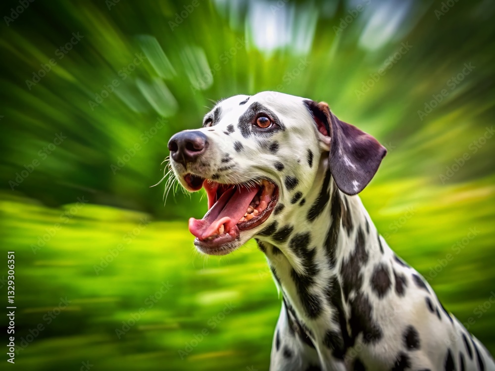 Energetic Dalmatian Dog Barking, Long Exposure, Green Nature Background Stock Photo Energetic Dalmatian Dog Barking, Long Exposure, Green Nature Background Stock Photo