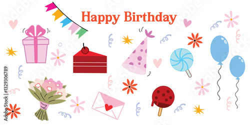 A cheerful birthday celebration with cakes, gifts, flowers, and sweets! Festive decorations, wrapped presents, and colorful balloons create the perfect party atmosphere for unforgettable moments and s
