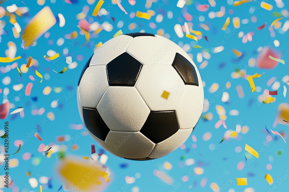 Obraz premium Soccer Ball in Air with Confetti Celebrating a Sporting Victory