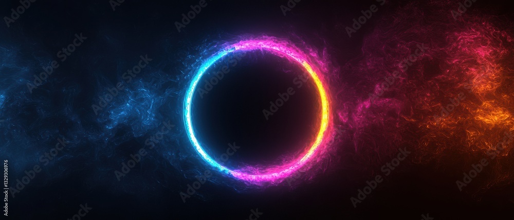 Obraz premium Vibrant glowing circular ring with black void in deep space background