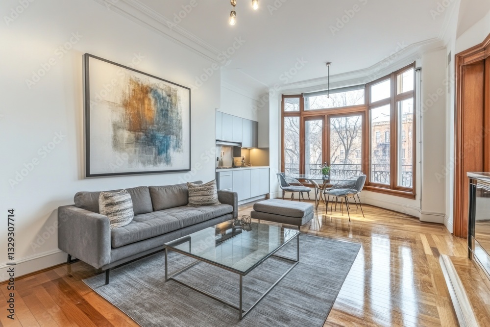 Fototapeta premium Modern living room with bay window, hardwood floors, and gray sofa.