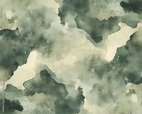 Abstract watercolor camo pattern in olive green and beige tones.