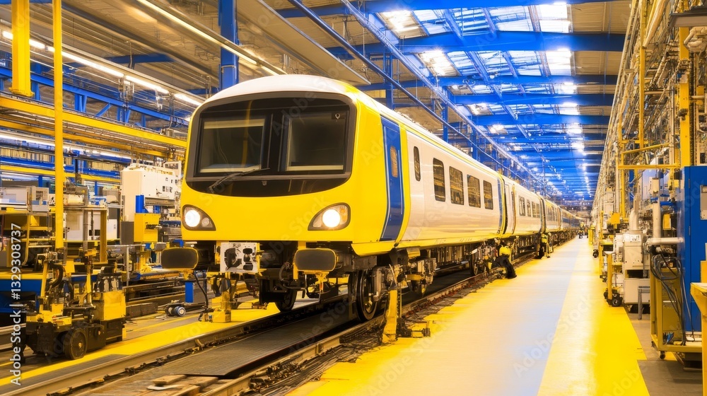 Modern train in a bright industrial workshop with machinery and equipment in the background Modern train in a bright industrial workshop with machinery and equipment in the background