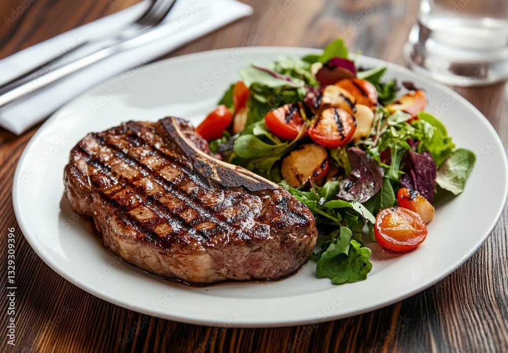 Grilled Ribeye Steak with Fresh Salad and Tomatoes on White Plate