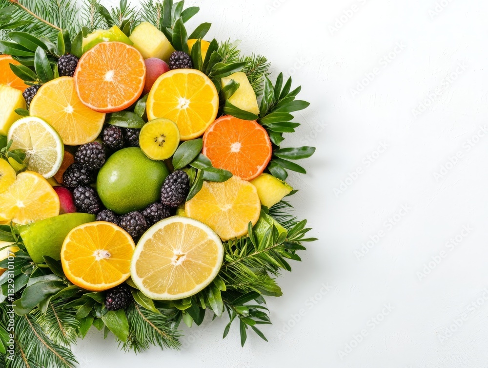 Vibrant citrus wreath made of oranges lemons and limes combined with fresh green leaves forming a decorative circular arrangement representing organic health and sustainability Vibrant citrus wreath made of oranges lemons and limes combined with fresh green leaves forming a decorative circular arrangement representing organic health and sustainability