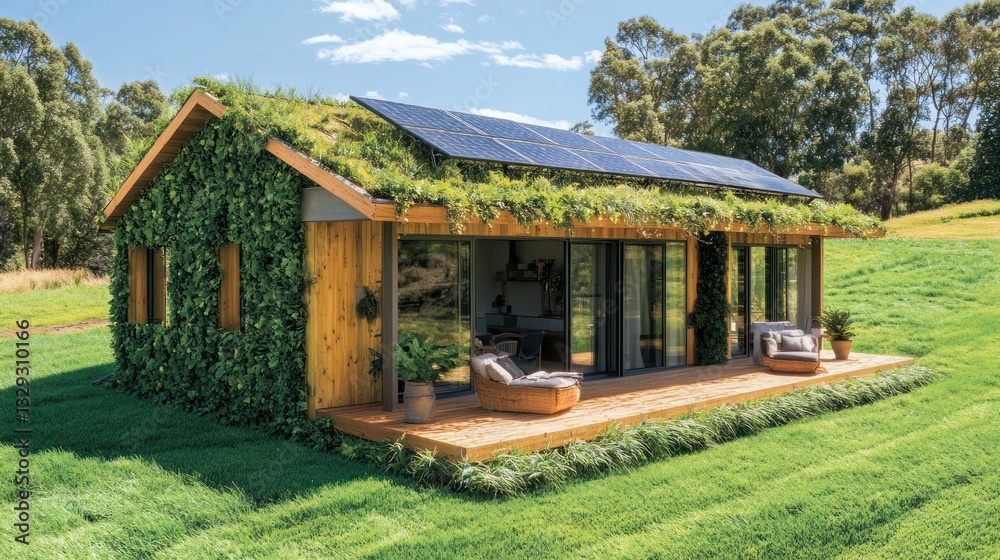 Sustainable tiny house with green roof, solar panels, and living wall. Sustainable tiny house with green roof, solar panels, and living wall.
