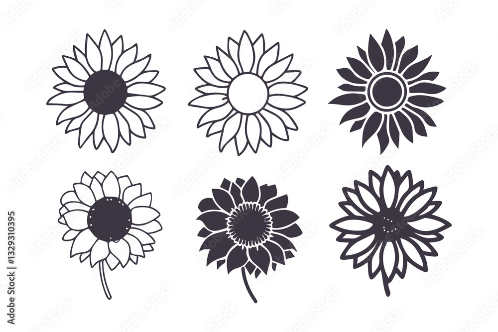 Fototapeta premium Sunflower Silhouette Set Vector Graphic Clipart Isolated Illustration