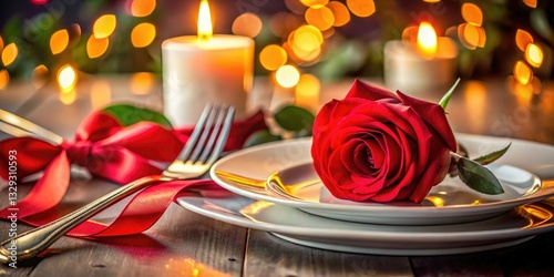 Rose petals scatter a table set for two, ribbons entwined, silverware gleaming, a romantic Valentine's feast awaits.