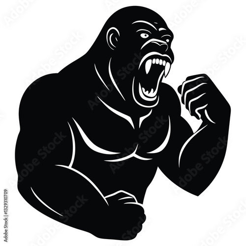 Angry gorilla illustration, stylized black silhouette, yellow background, minimalist design, fierce expression, wide open mouth, 