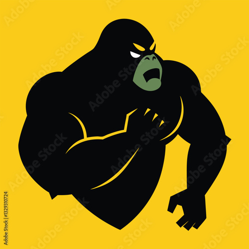 Angry gorilla illustration, stylized black silhouette, yellow background, minimalist design, fierce expression, wide open mouth, 