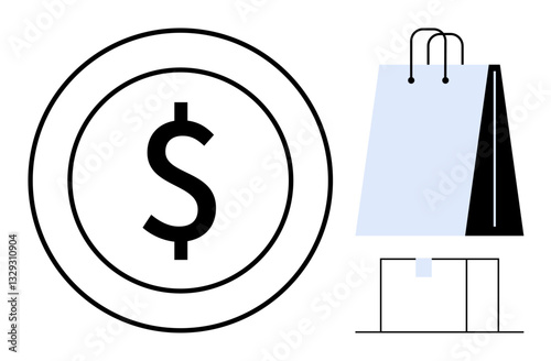Large dollar coin next to shopping bag symbolizing commerce, spending, and financial exchange. Ideal for retail, e-commerce, budgeting, savings, consumer behavior, purchasing power financial
