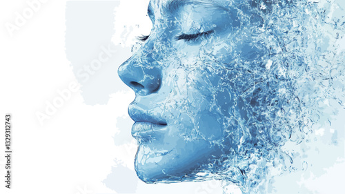 Close-up profile view of a woman's face partially obscured and seemingly merging with ice crystals or shards. The image is predominantly blue and white, with a focus on the texture and detail of